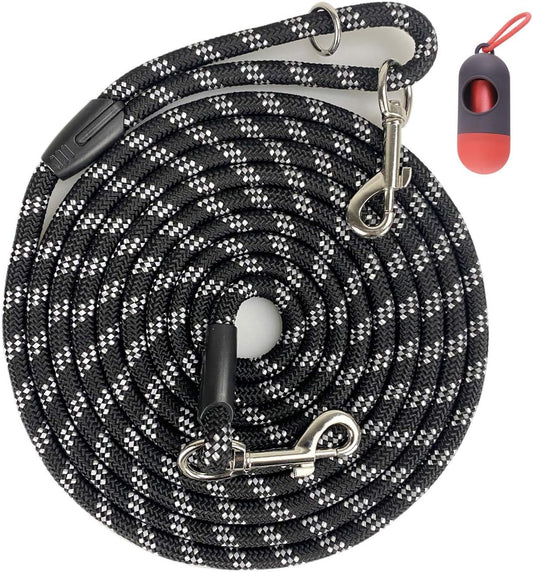 Long Rope Dog Leash for Dog Training 12FT 20FT 30FT 50FT, Reflective Threads Dog Leashes Tie-Out Check Cord Recall Training Agility Lead for Large Medium Small Dogs (10Mm*12Ft, Black)