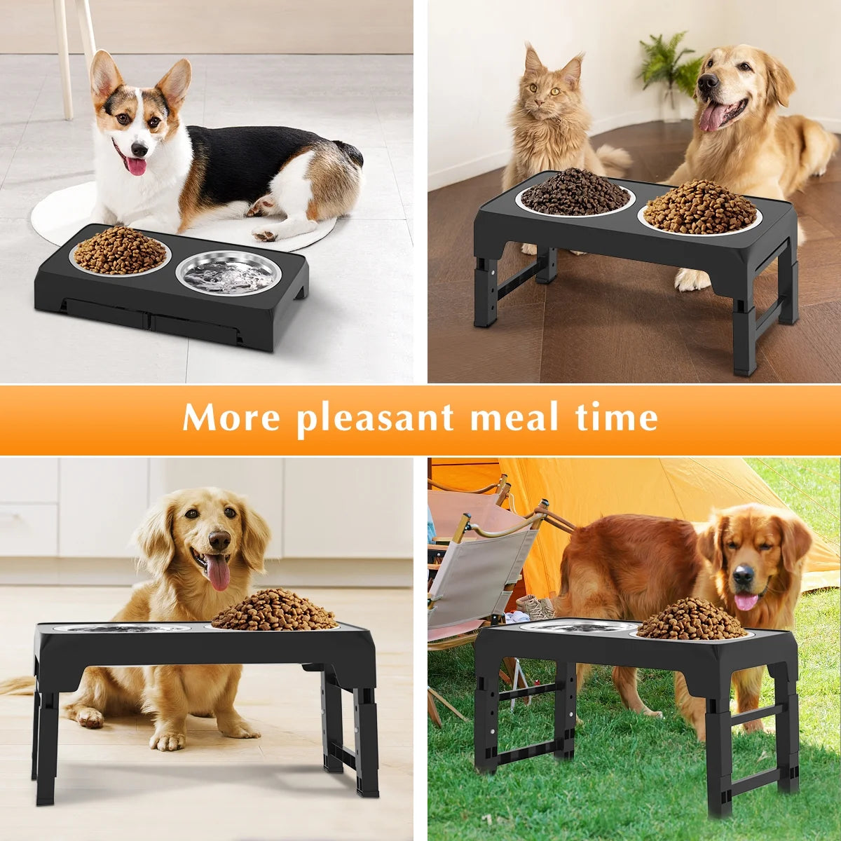 Elevated Dog Bowls, 5 Adjustable Heights Raised Dog Bowl, Dog Bowl Stand with 2 Thick 42Oz Stainless Steel Dog Food Bowls for Small Medium Large Dogs Cats, Black