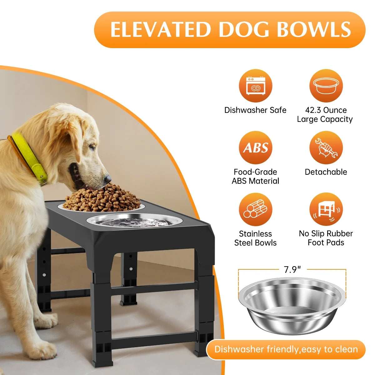 Elevated Dog Bowls, 5 Adjustable Heights Raised Dog Bowl, Dog Bowl Stand with 2 Thick 42Oz Stainless Steel Dog Food Bowls for Small Medium Large Dogs Cats, Black